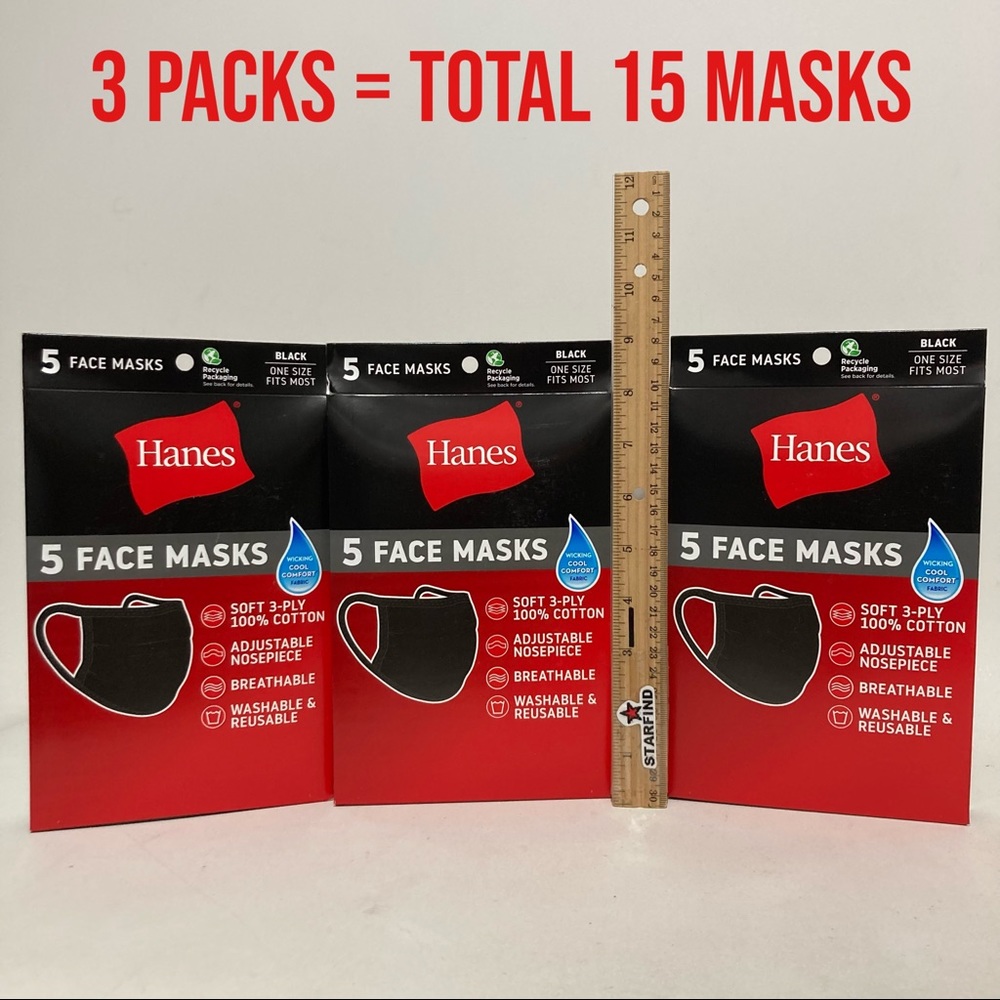 Hanes 100% Cotton Fabric Face Mask Washable BLACK 3-PLY Adjustable SEE⭐️ LOT 15